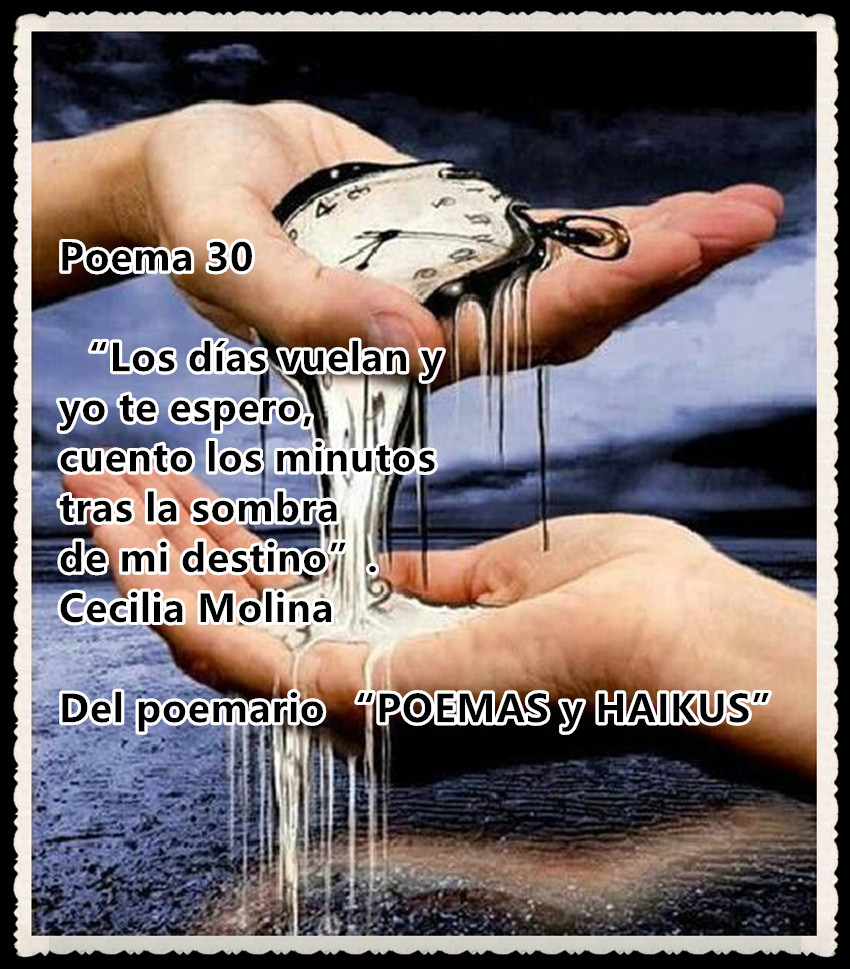 Poema 30

 “Los días vuelan y
yo te espero, 
cuento los minutos 
tras la sombra 
de mi destino”.
Cecilia Molina 

Del poemario “POEMAS y HAIKUS” 
