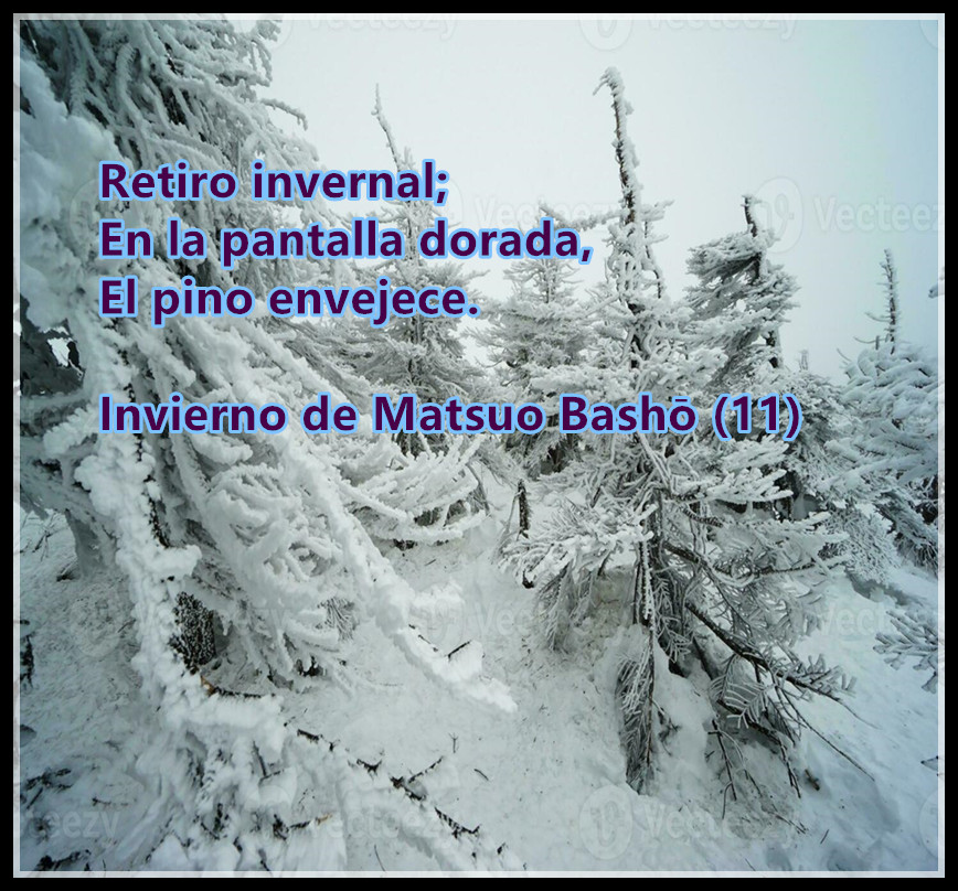 Retiro invernal;
En la pantalla dorada,
El pino envejece.

Invierno de Matsuo Bashō (11)