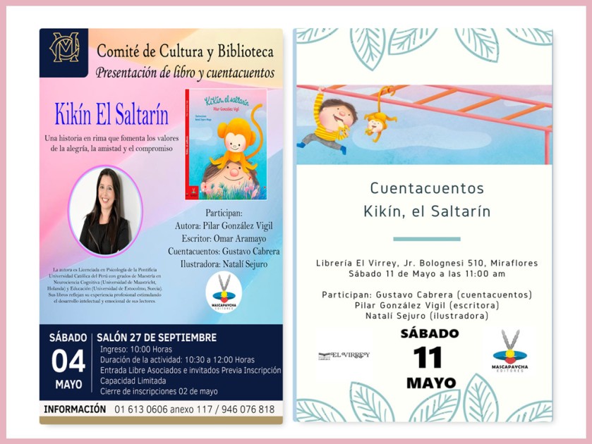 INVITACIÓN : Comité de Cultura y Biblioteca Presentación de libro y cuentacuentos KIKÍN, EL SALTARÍN de Pilar González Vigil